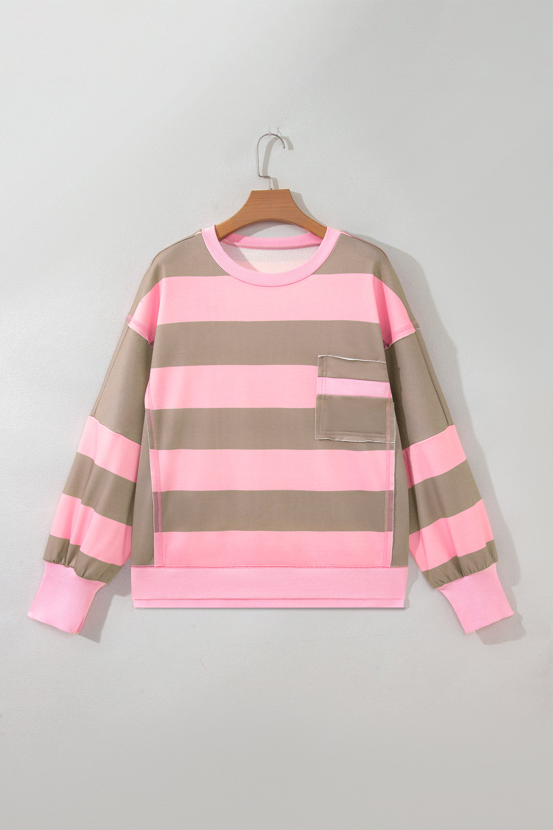 Pink Stripe Striped Colorblock Patch Pocket Split Hem Oversized Long Sleeve Sweatshirt