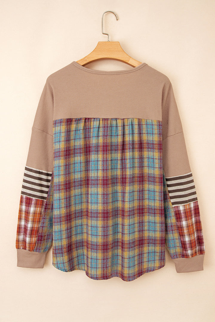 Straw Yellow Waffle Stripe Plaid Patchwork Henley Knit Top