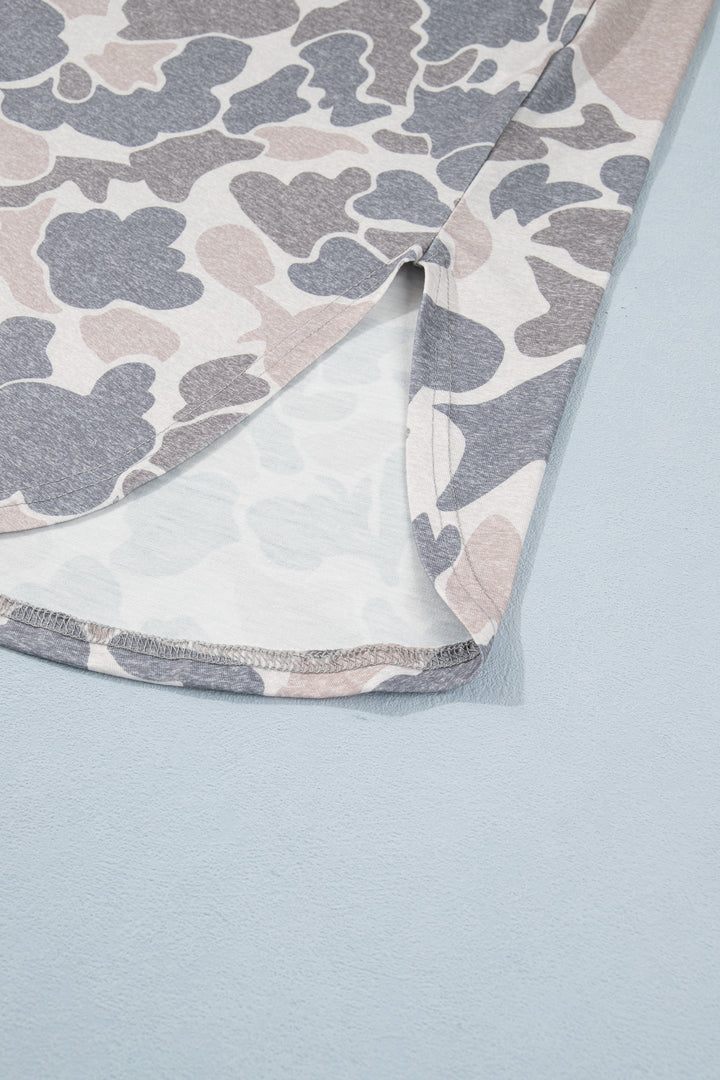 Multicolour Camouflage Print Short Sleeve Drop Shoulder Side Slit Casual Dress