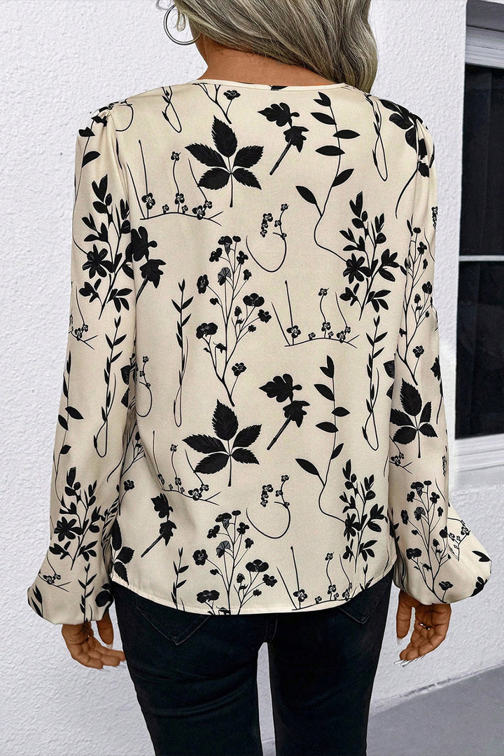 Khaki Botanical Floral Print Split Neck Long Sleeve Blouse