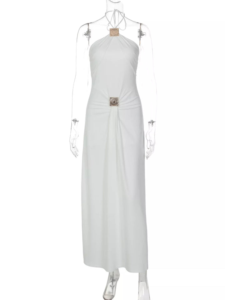 Backless Ruched Halter Neck Maxi Dress