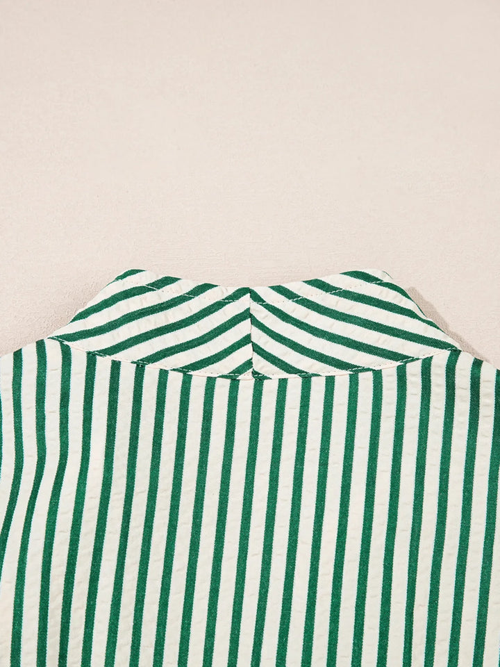 Stripe V Neck Zip Front Cinched High Waist Midi Dress
