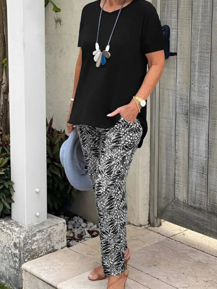 Full Size Round Neck Short Sleeve Top and Pants Set Plus Size