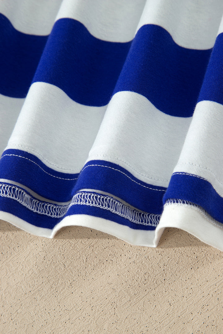 Blue Stripe Contrast Trim Round Neck Short Puff Sleeve Shift Mini Dress