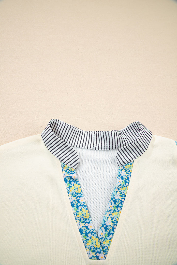 Beige Floral Striped Drop Sleeve Collared Boxy Fit Sweatshirt