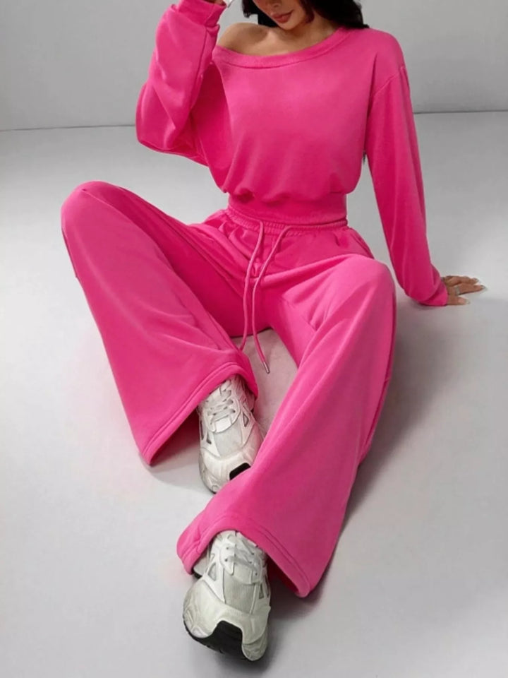 Boat Neck Long Sleeve Top and Pants Set