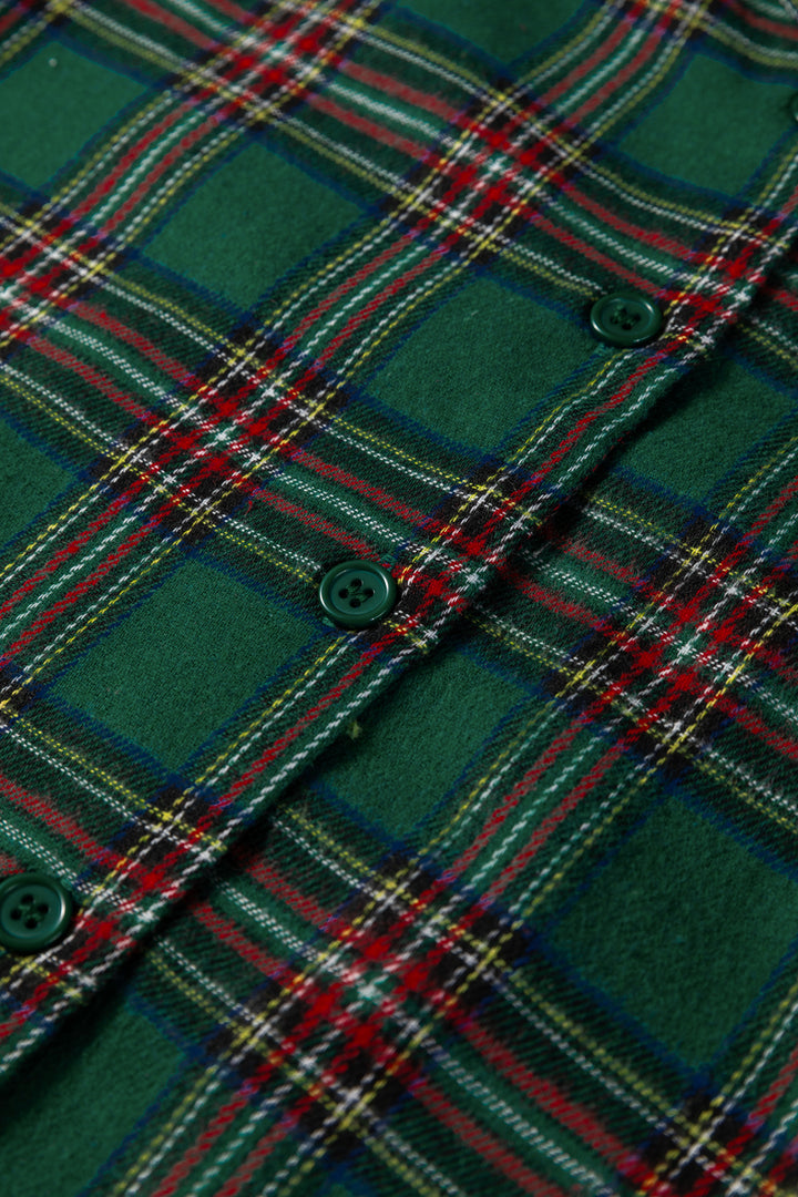 Green Plaid Contrast Patched Christmas Holiday Long Sleeve Shirt and Short 2pcs Pajama Set