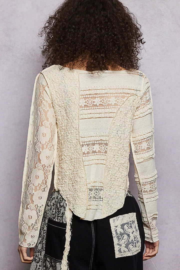 POL Round Neck Long Sleeve Exposed Seam Top with Lace Detail