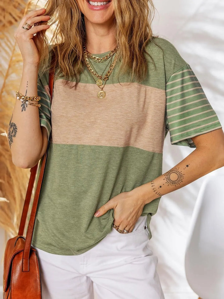 Color Block Striped Sleeve Casual T-Shirt
