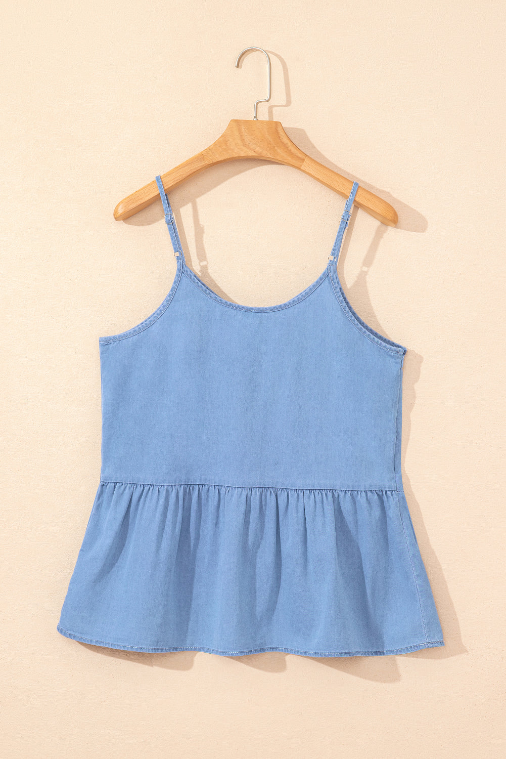 Sky Blue Casual Ruffled Spaghetti Straps Denim Tank Top
