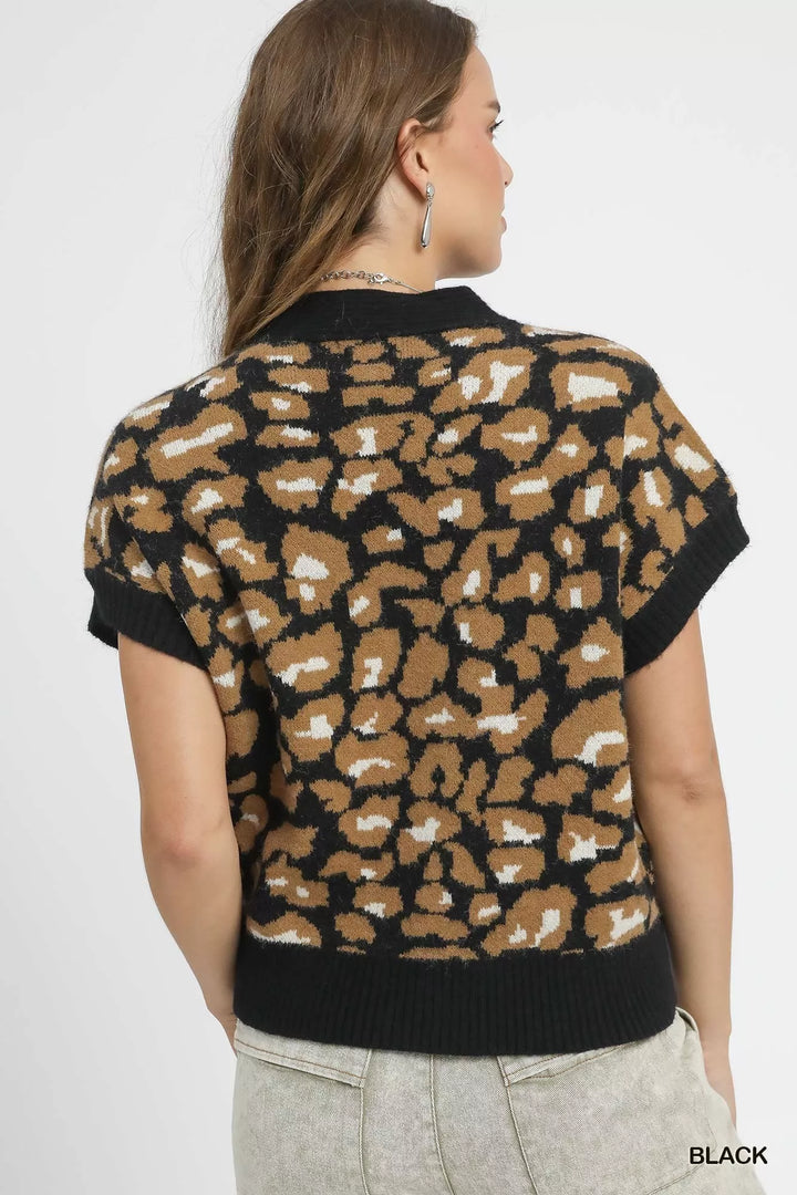 Umgee Leopard Button Down Short Sleeve Cardigan