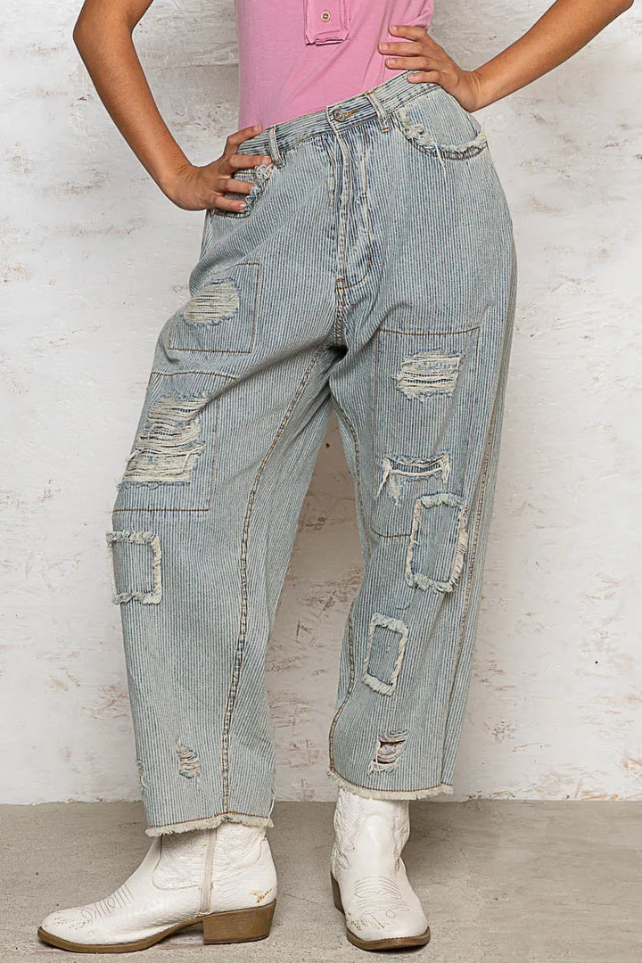 POL Distressed Raw Hem Wide Leg Pants