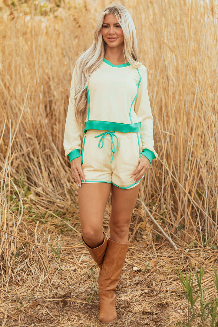 White Contrast Trim Colorblock Long Sleeve Pullover and Drawstring Shorts 2pcs Outfit