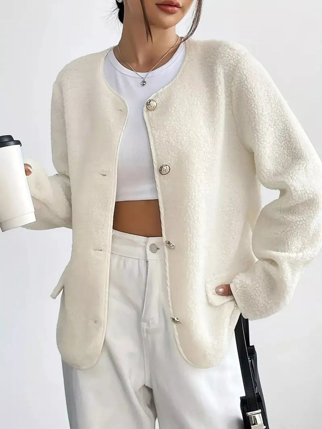 Full Size Textured Button-Up Fleece Outerwear Plus Size