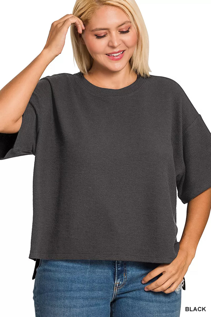 Zenana Full Size Double Knit Side Slits Hi Low Short Sleeve Top Plus Size