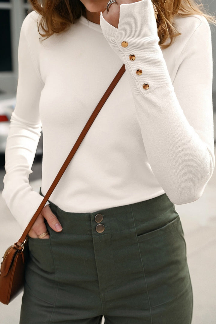 White Button Split Cuffs Round Neck Slim Sweater