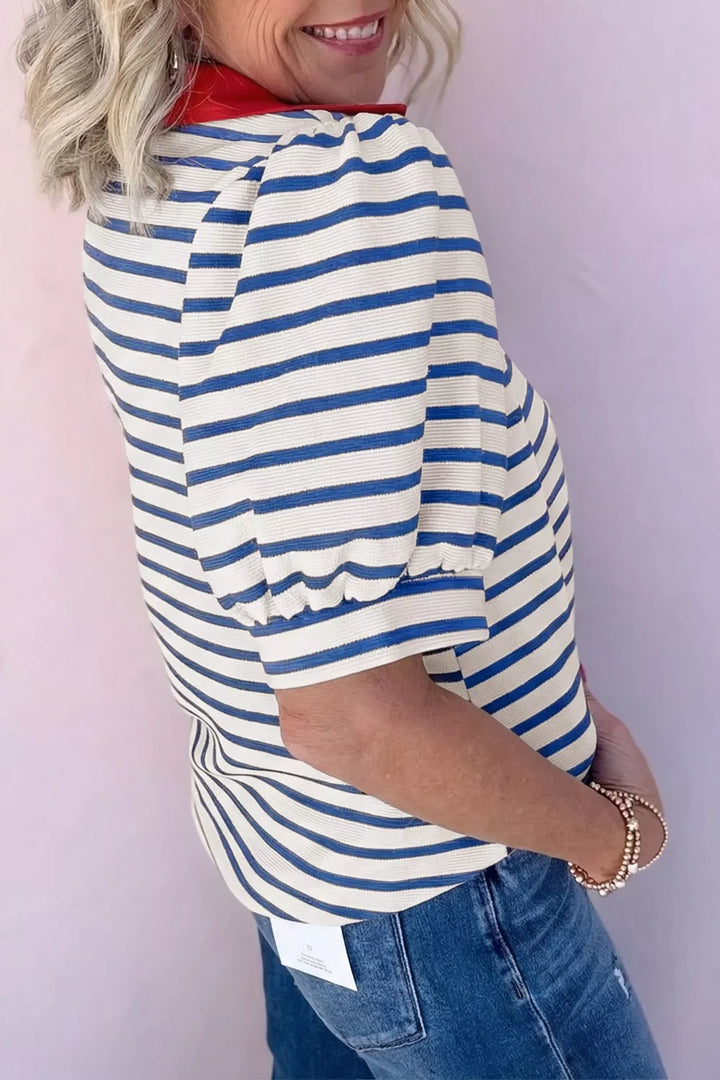 Striped Collared Neck Short Sleeve Blouse