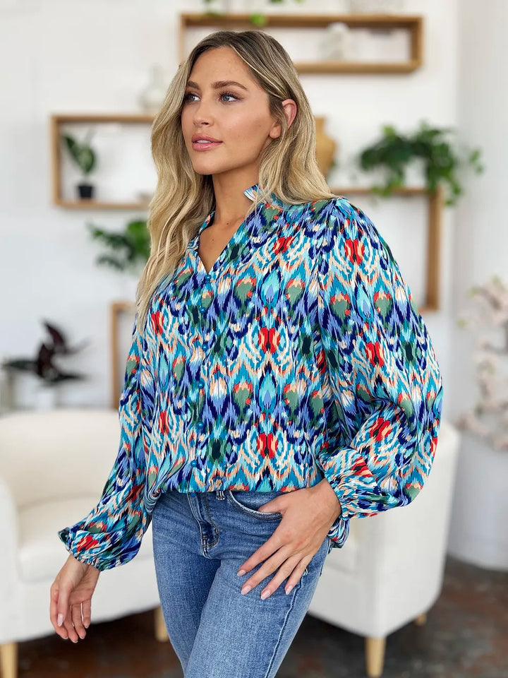 Double Take Full Size Printed Balloon Sleeve Blouse