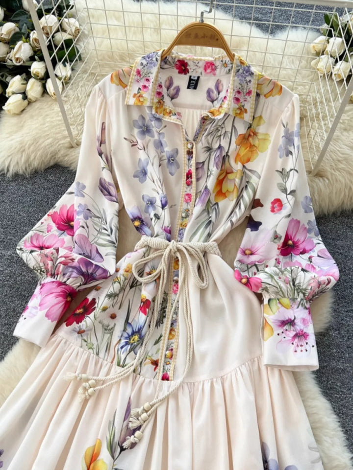 Floral Print Lantern Sleeve Midi Dress