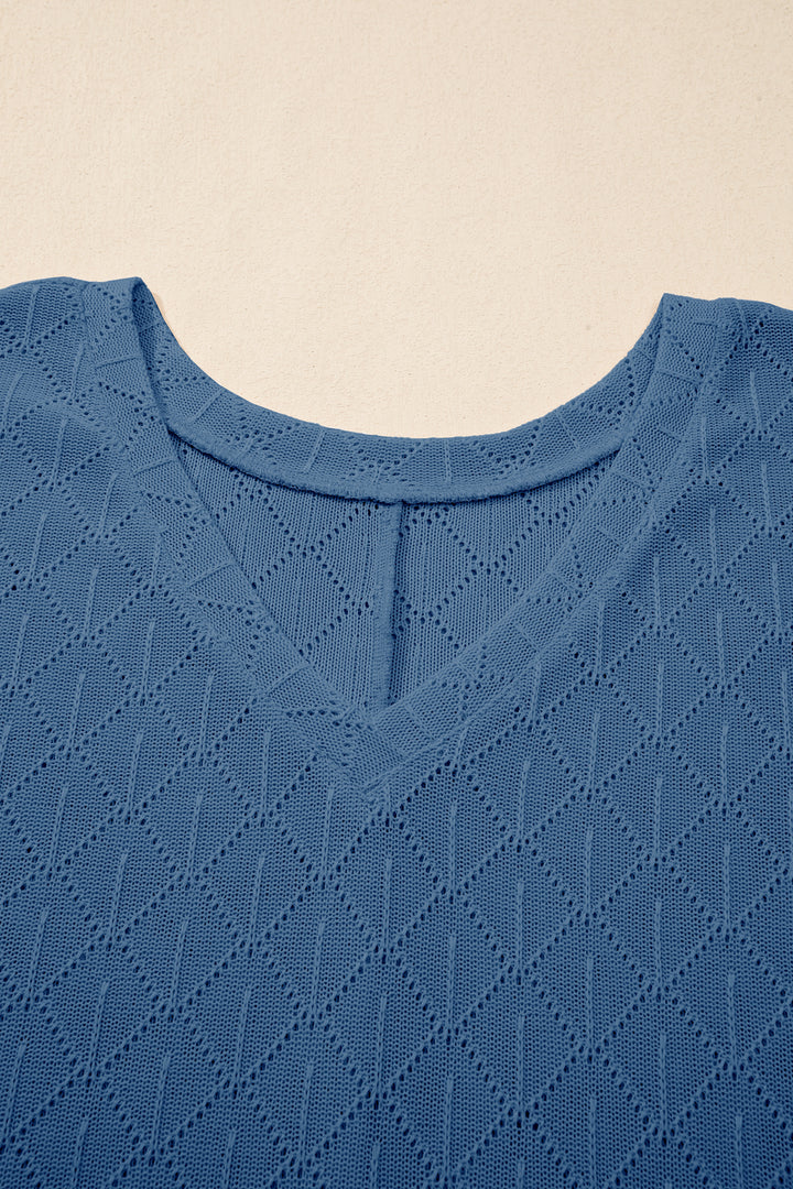 Sky Blue Pointelle Rhombus Knit Plus Size V Neck Loose Top