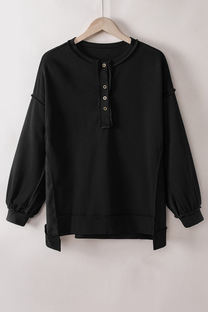 Black Oversized Exposed Seam Henley Sweatshirt