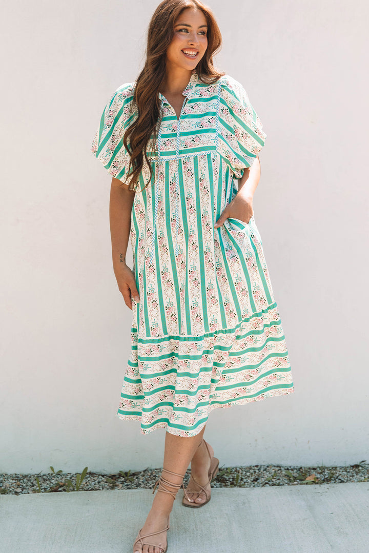 Robe mi-longue à rayures multicolores et imprimé floral, col fendu et manches bouffantes