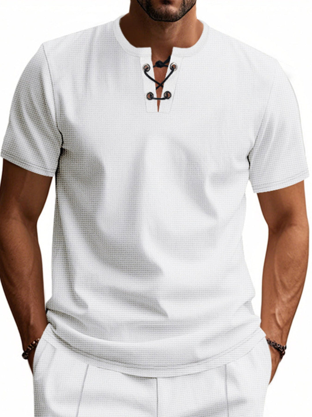 Men's Full Size Lace-Up Neck T-Shirt Plus Size