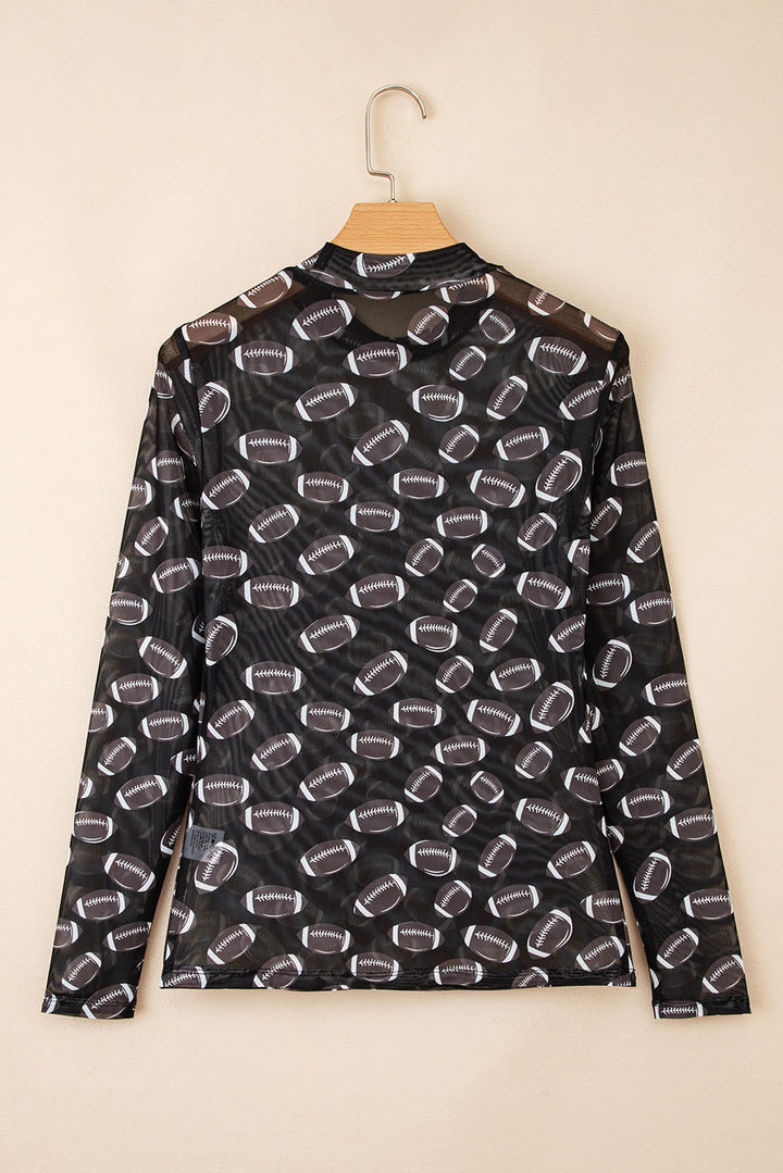 Black Game Day Rugby Mesh Sheer Long Sleeve Top