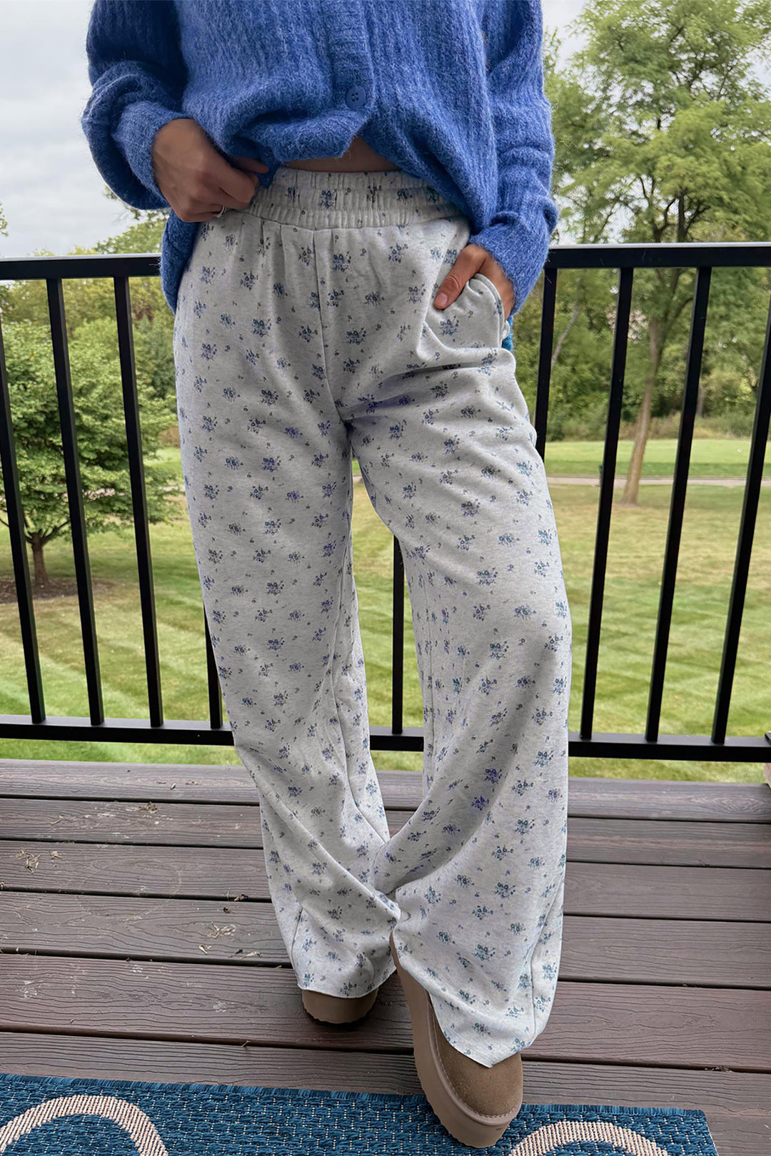 Gray Floral Print Elastic Waist Full Length Regular Pants