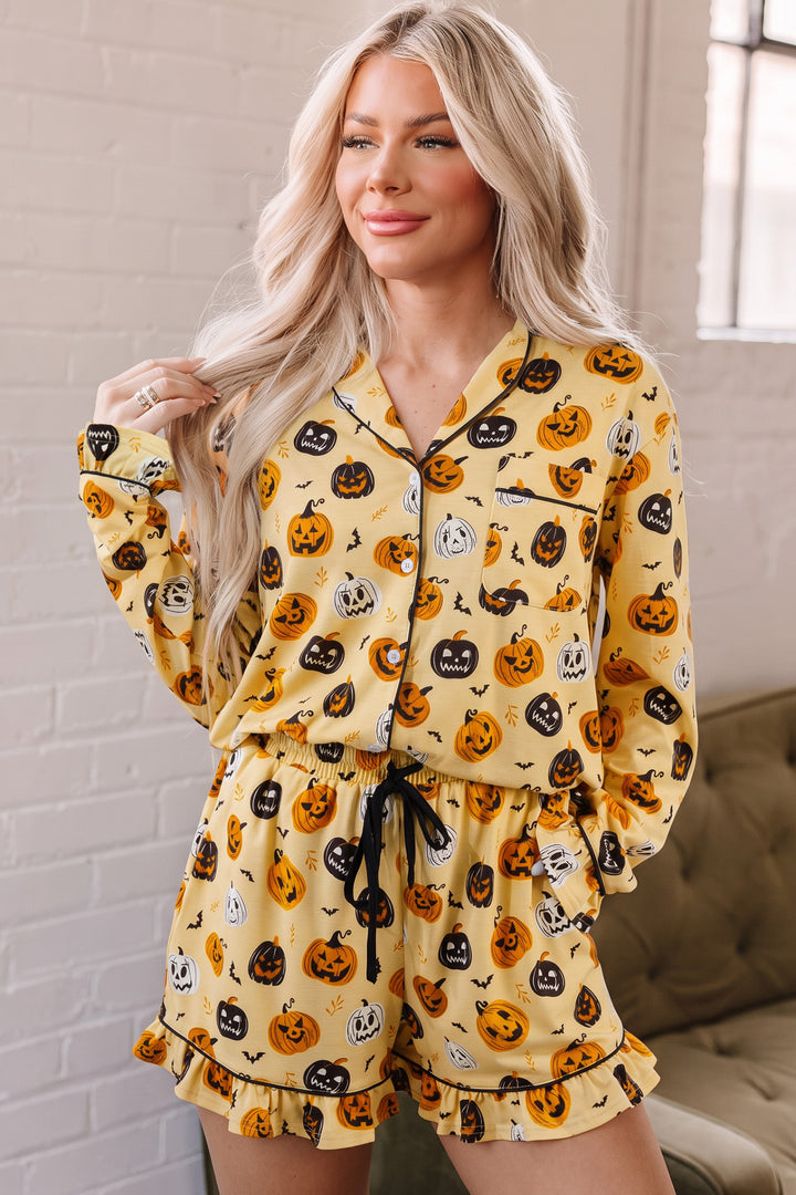 Orange Long Sleeve Ruffle Pumpkin Face Print Two Piece Lounge Set