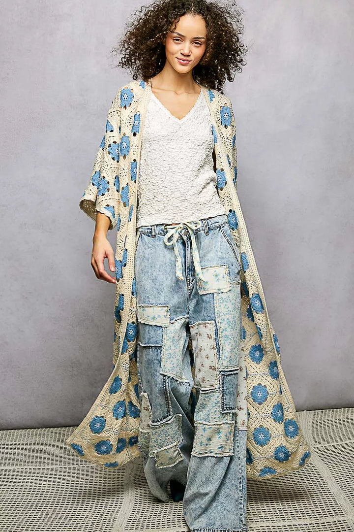 POL Open Front Floral Crochet Longline Cardigan