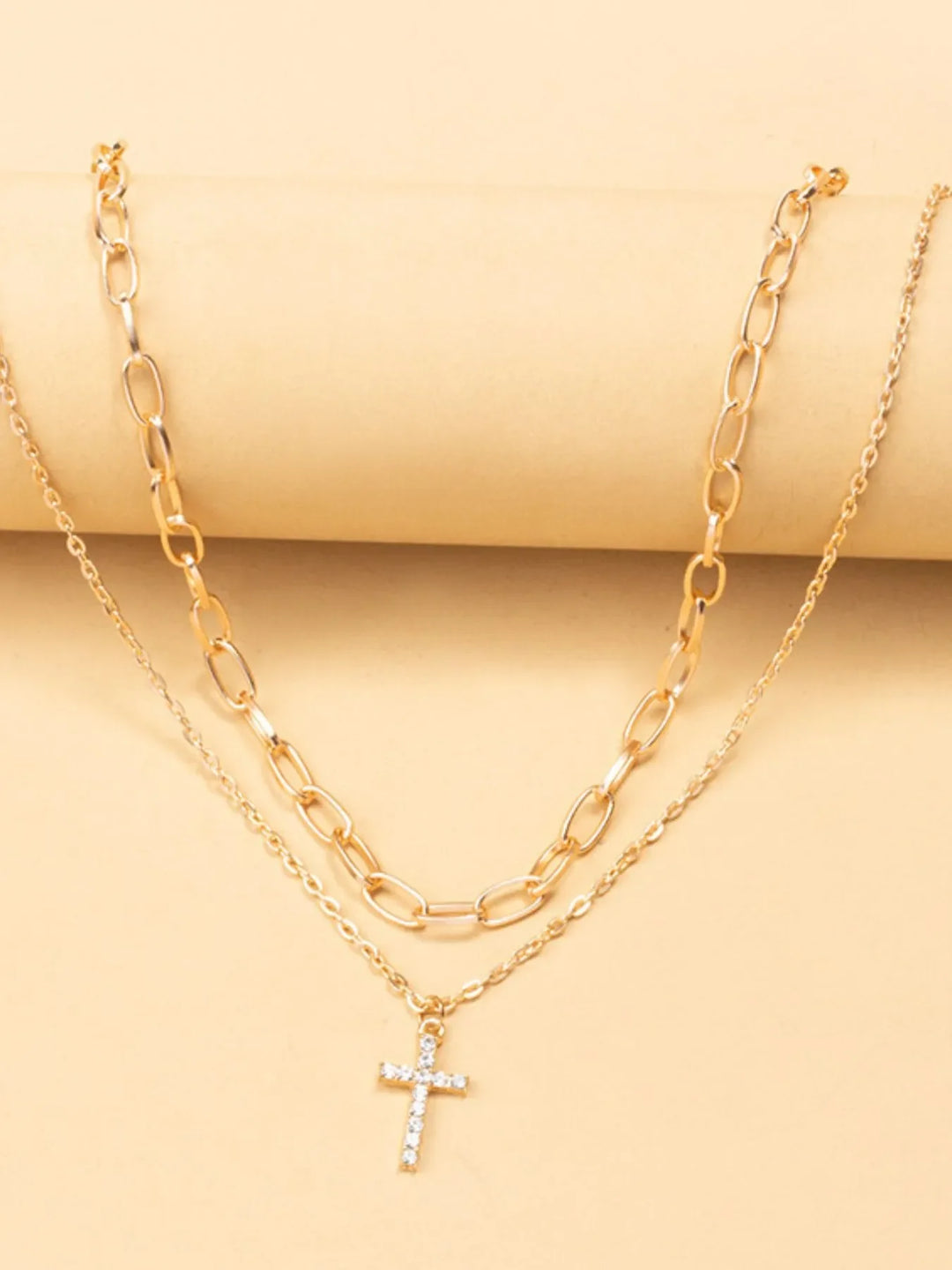 Double Layered Inlaid Zircon Cross Pendant Necklace