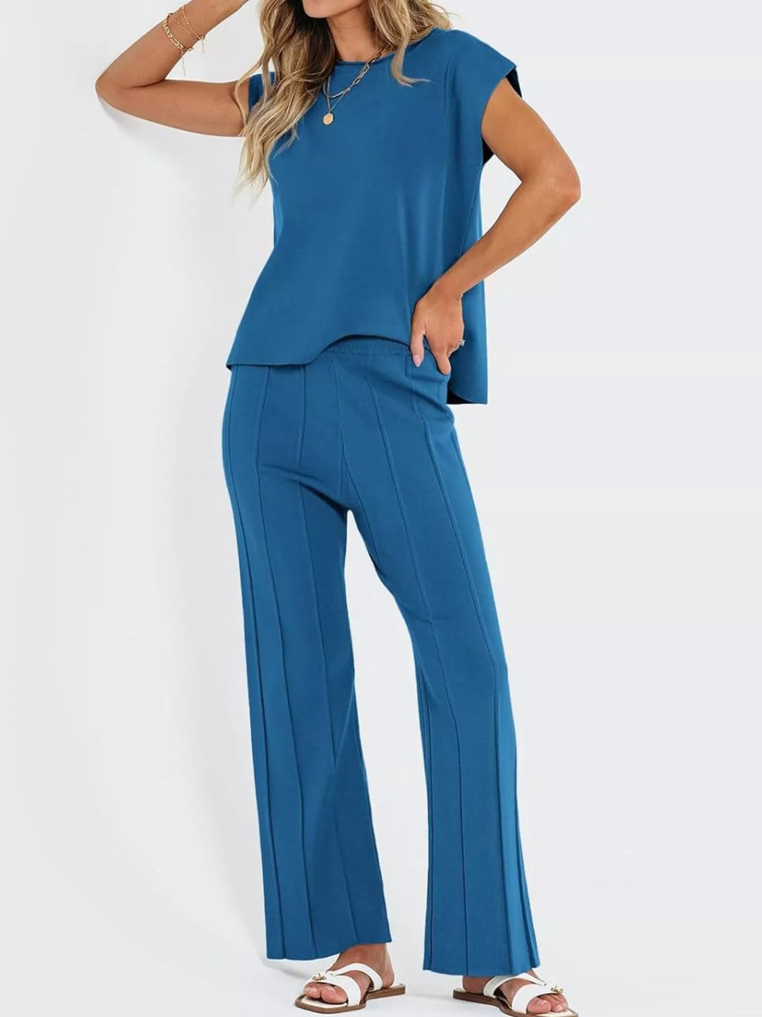Casual Solid Color Cap Sleeve Top and Pants Knit Set