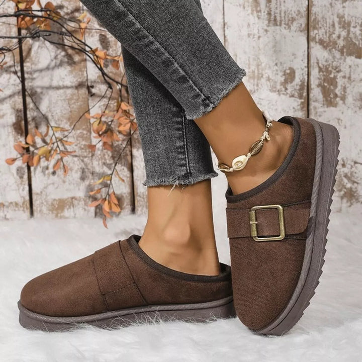 Buckle Decor Plush Lined Warm Slippers