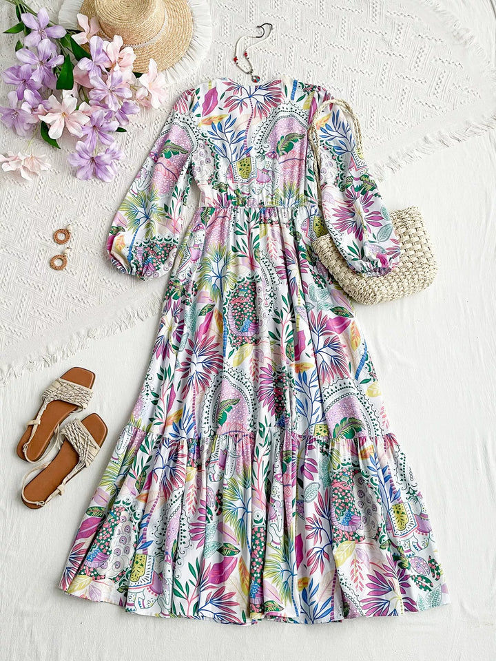 Lace Detail V-Neck Balloon Sleeve Dress
