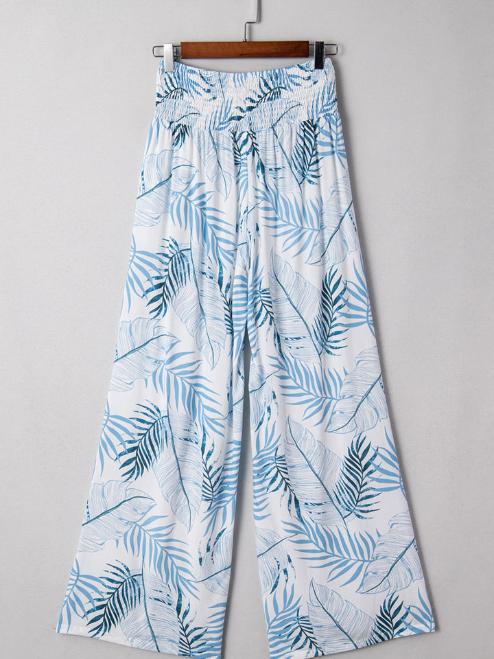 Tropical Print Shirred Waistband Wide Leg Pants