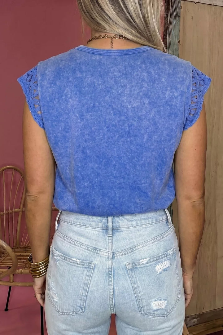 Mineral Wash Raw Seam Lace Sleeve Cotton Tee