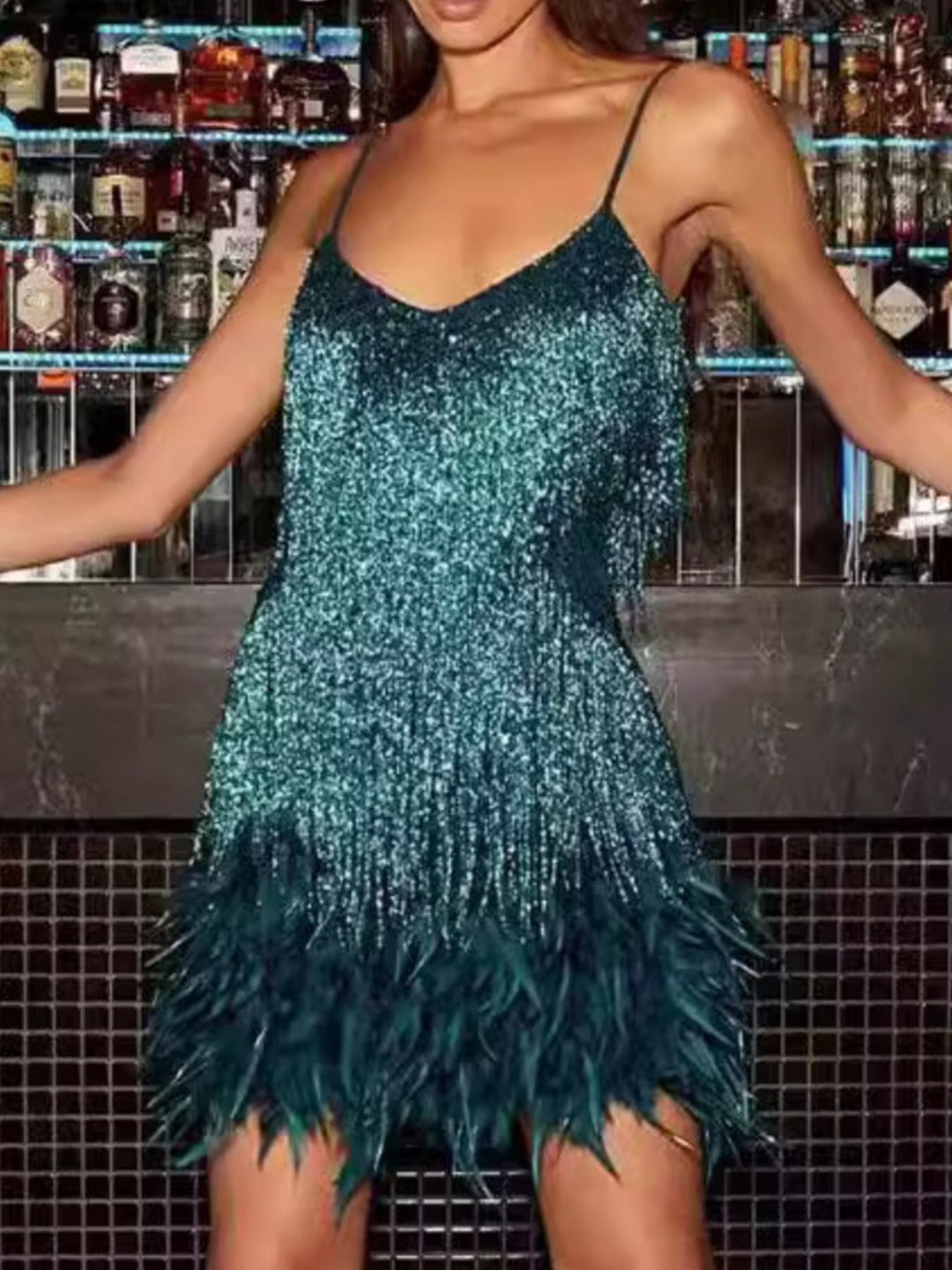 Full Size Sequin Fringe V-Neck Mini Dress Plus Size