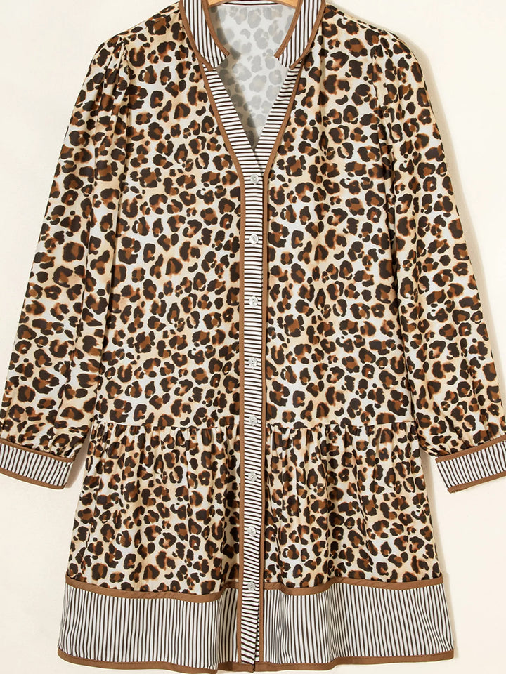 Leopard Print Striped Patchwork 3/4 Sleeve Loose Mini Dress