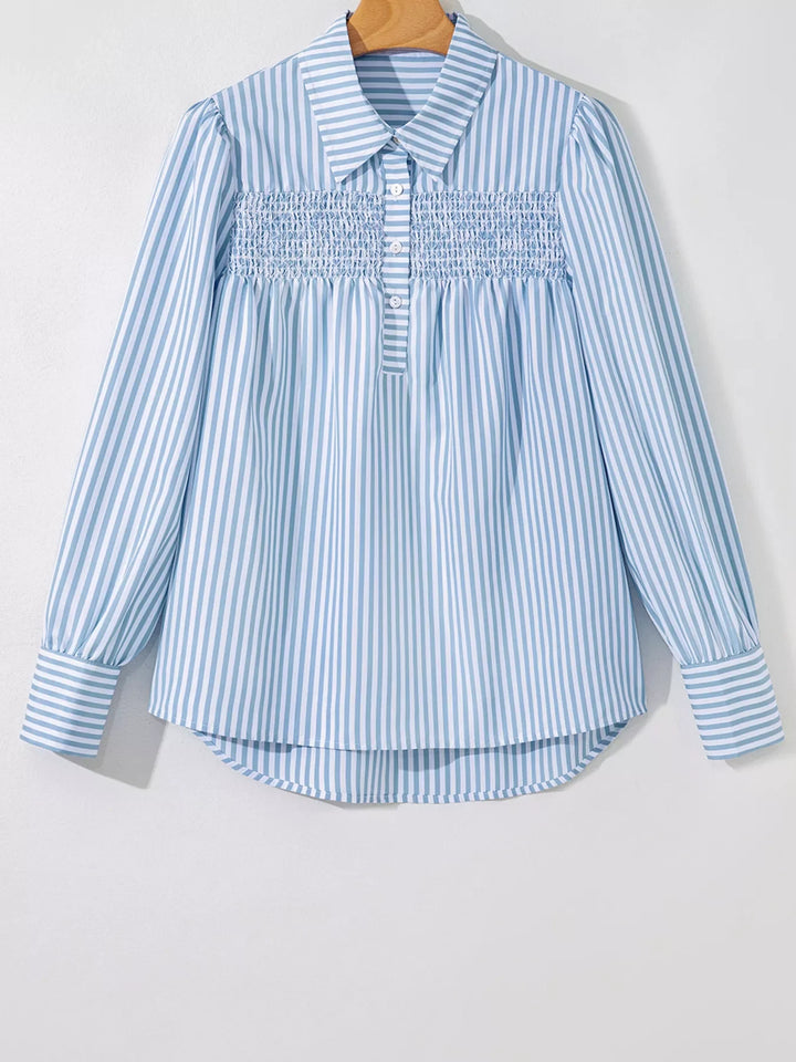 Stripe Shirred Detail Half Placket Collared Long Sleeve Shirt