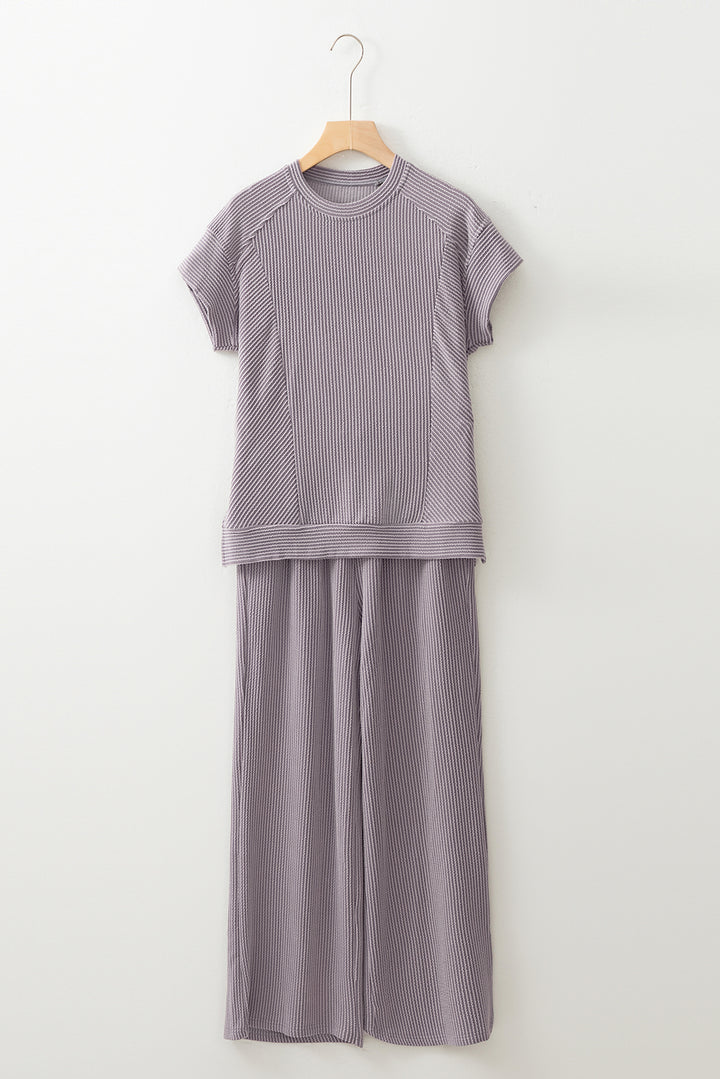 Wild Wind Solid Corded Knit Short Sleeve T Shirt and Wide Leg Pants Set