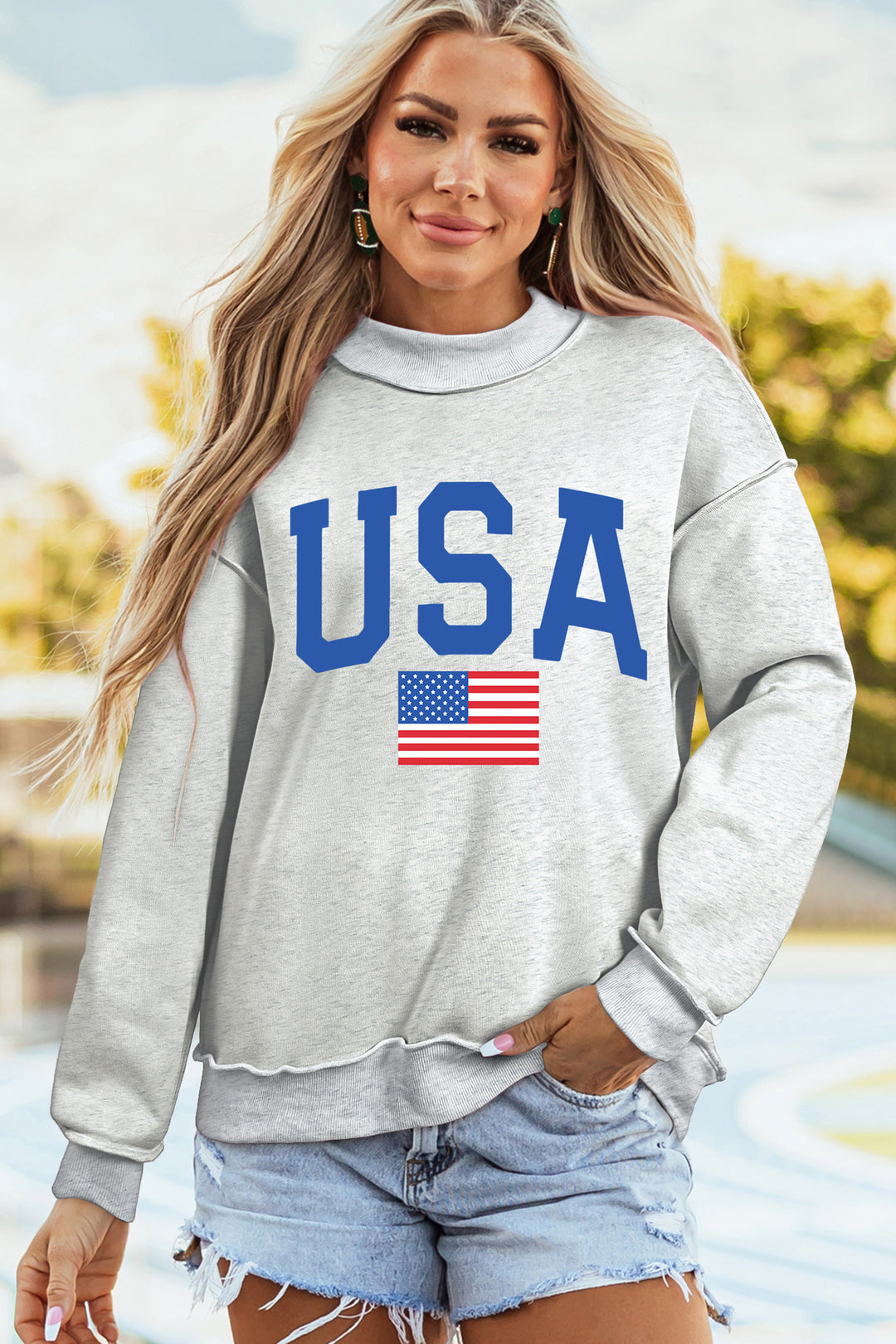 Light Grey Mock Neck Reversible USA/America Graphic Sweatshirt