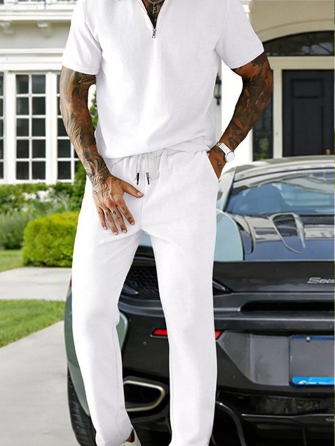 Men's Full Size Casual Zipper Polo Shirt and Drawstring Pants Set Plus Size