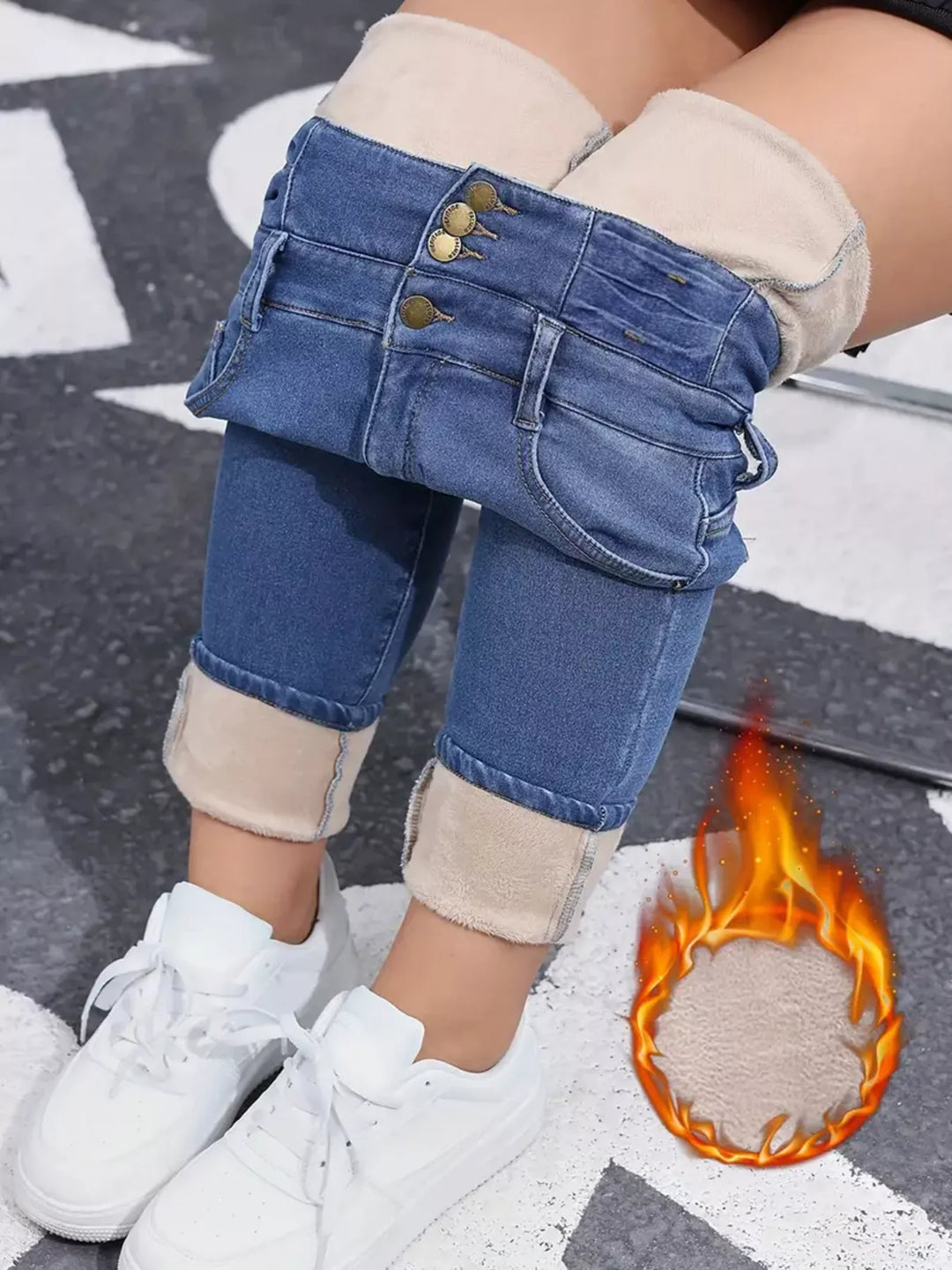High-Waisted Slim Fit Fleece-Lined Jeans