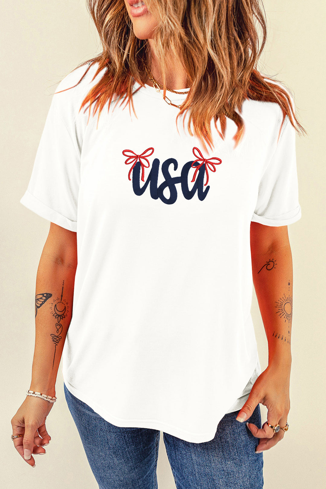 White USA Lettering Bow Embroidered T Shirt