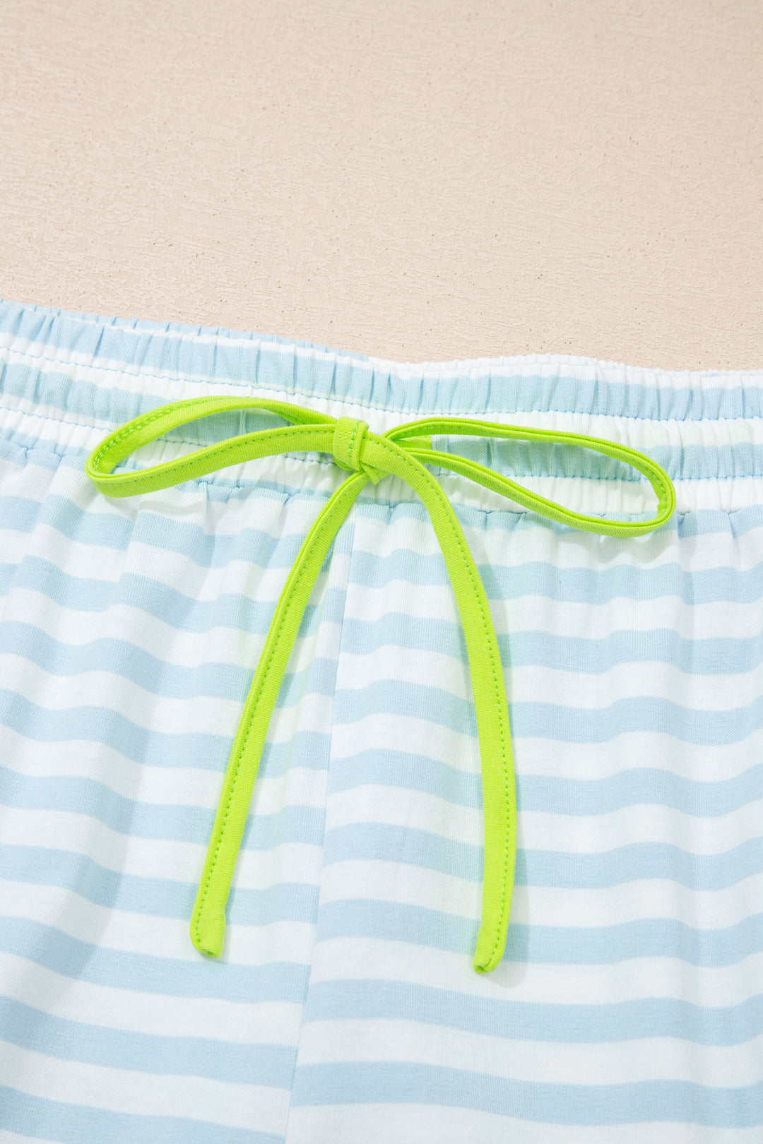 Sky Blue Stripe Contrast Neck Loose Tee and Drawstring Shorts Set