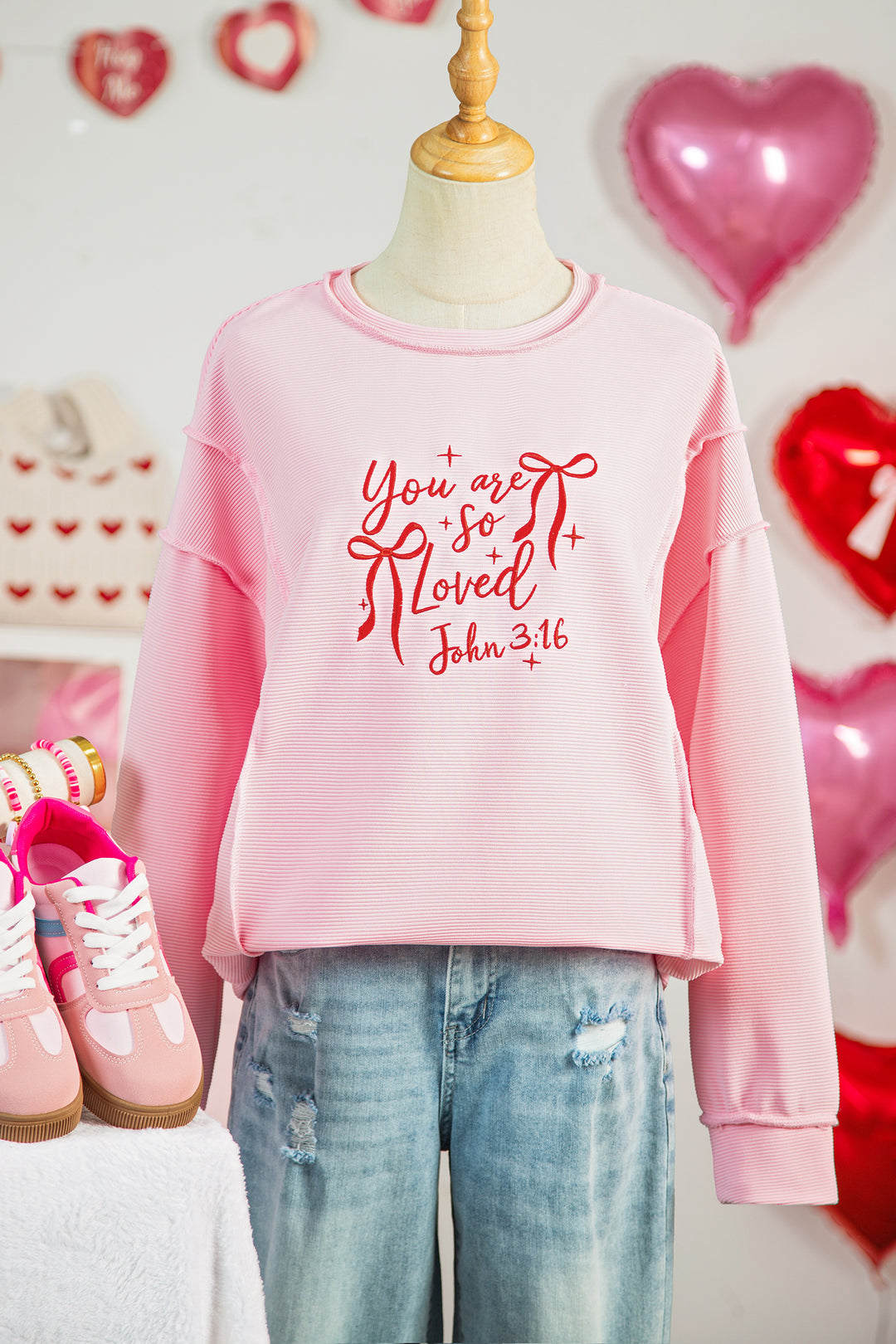 Pink you are so loved Valentines Day Bow Embroidered Graphic Pullover Top