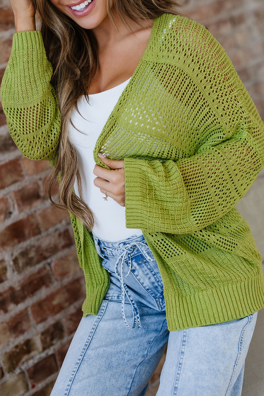 Spinach Green Oversize Crochet Knit Open Cardigan