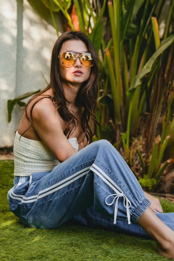 BiBi Striped Tape Details With Bot Tied Point Elastic Waist Jeans