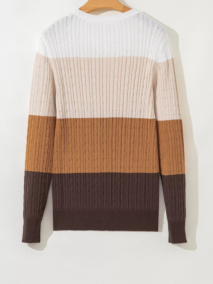 Colorblock Cable Knit Round Neck Sweater
